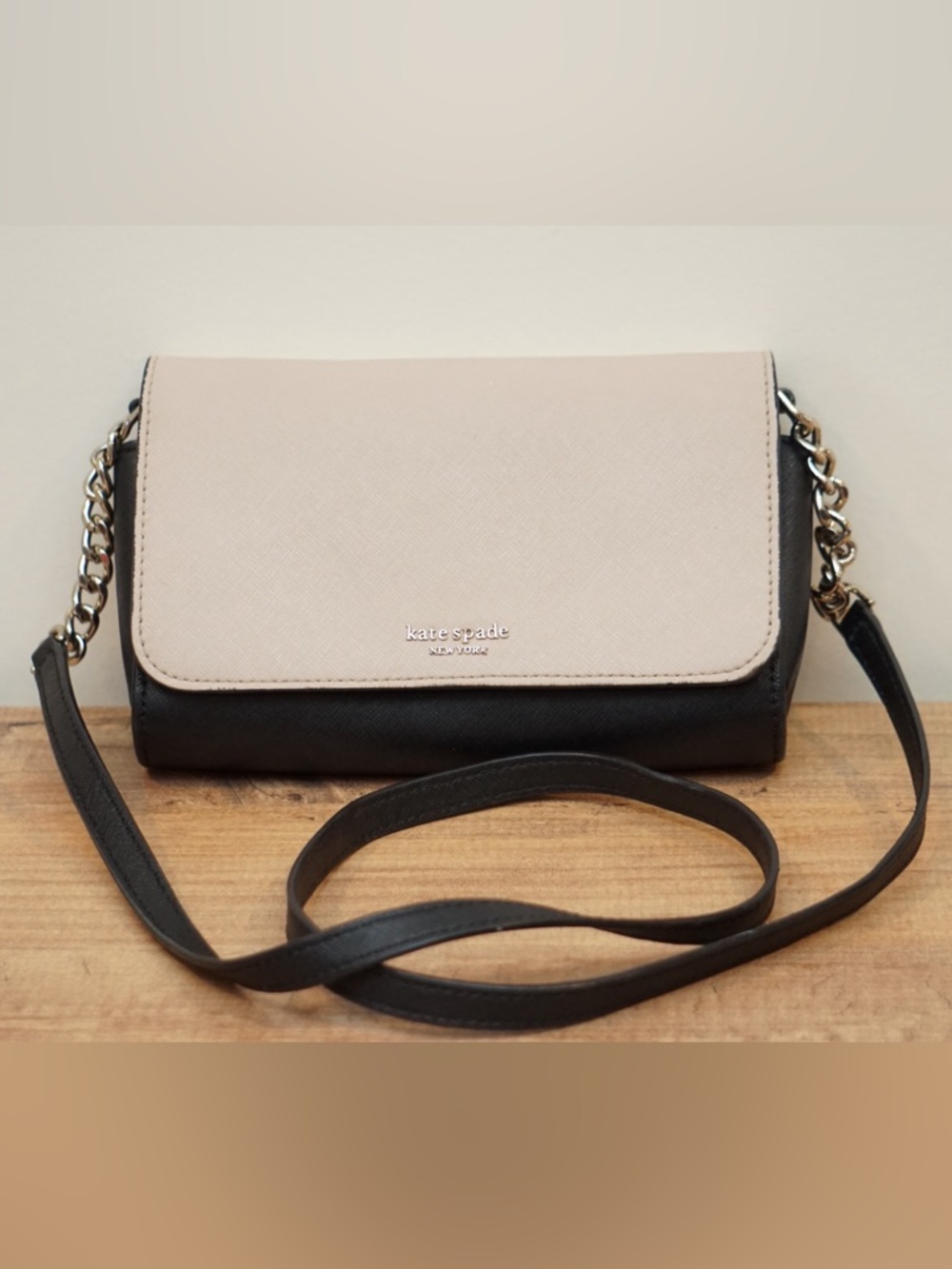 Kate Spade Cameron Medium Flap Crossbody Saffiano Beige Black Two-Tone